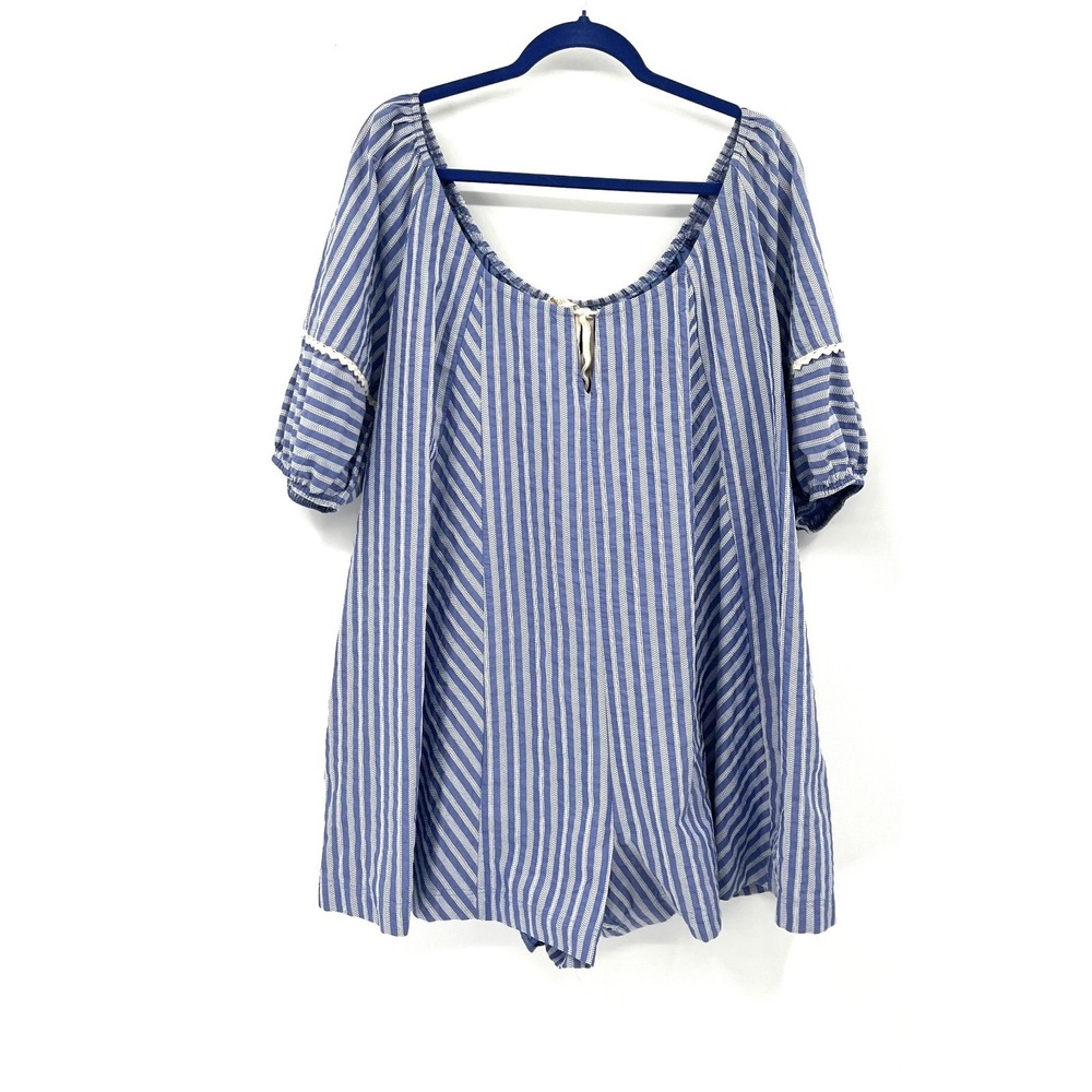 Listicle blue white stripe romper coastal granddaughter preppy off shoulder L